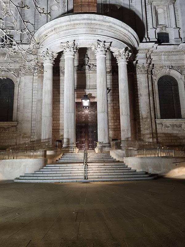 Night-time picture of equal access ramps at St Paul's Cathedral